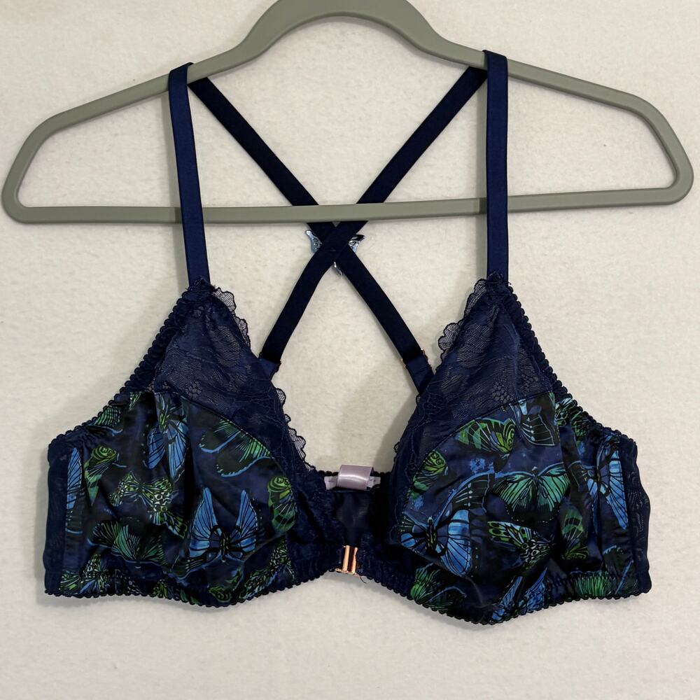 Savage X Bra Womens Plus Size 2X Blue Green Lace Unlined Wireless Open Front